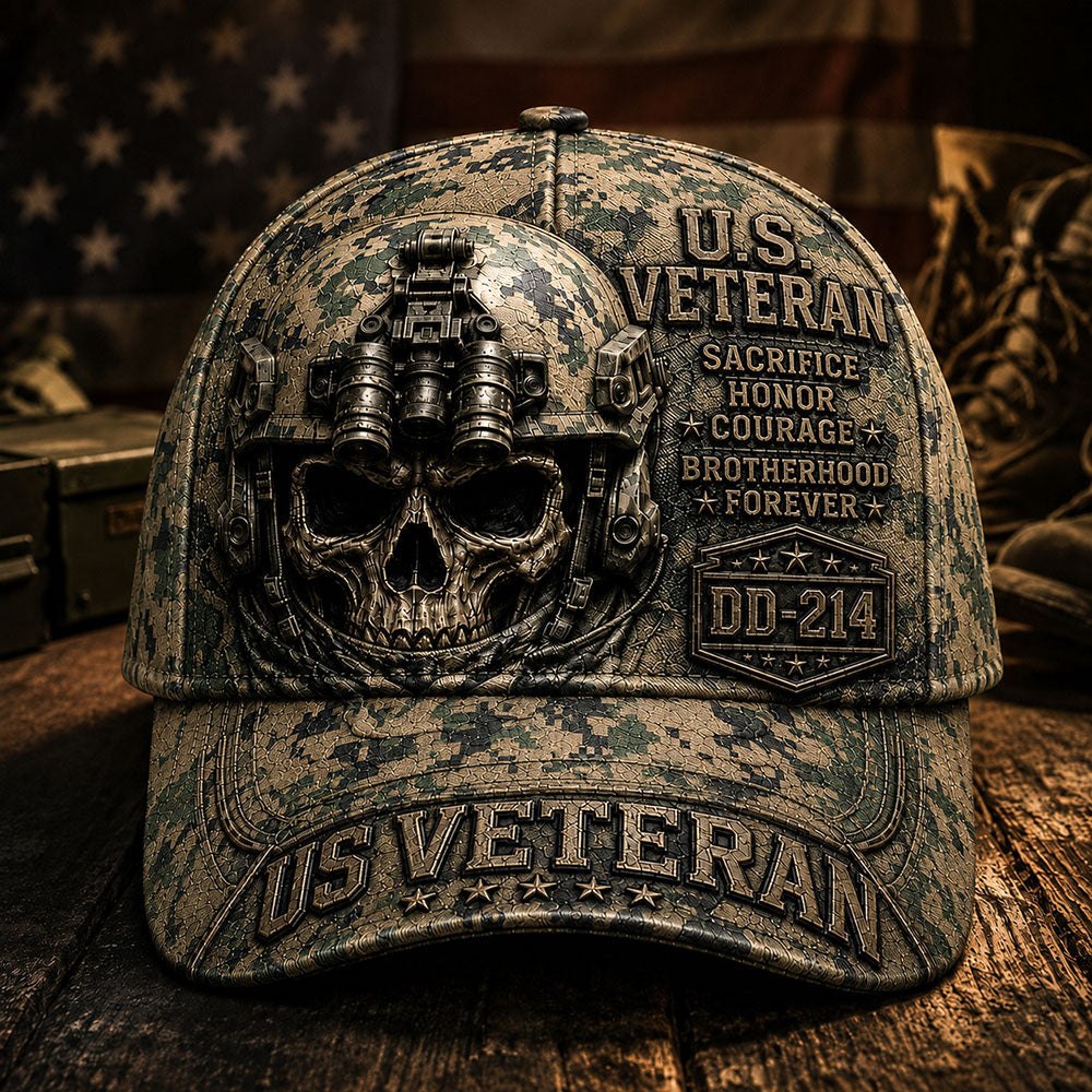 Personalized U.S. Veteran DD-214 Cap – Tactical Skull Military various camo textures Hat VTTHA00010