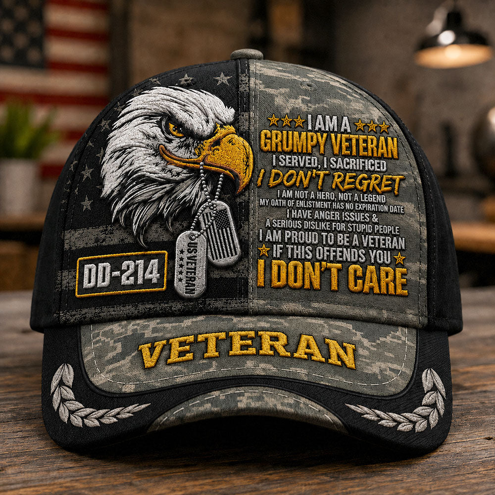 Personalized Grumpy U.S. Veteran DD-214 Cap – Patriotic Eagle Hat VTTHA00016