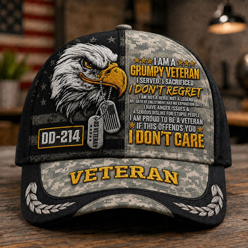 Personalized Grumpy U.S. Veteran DD-214 Cap – Patriotic Eagle Hat VTTHA00016