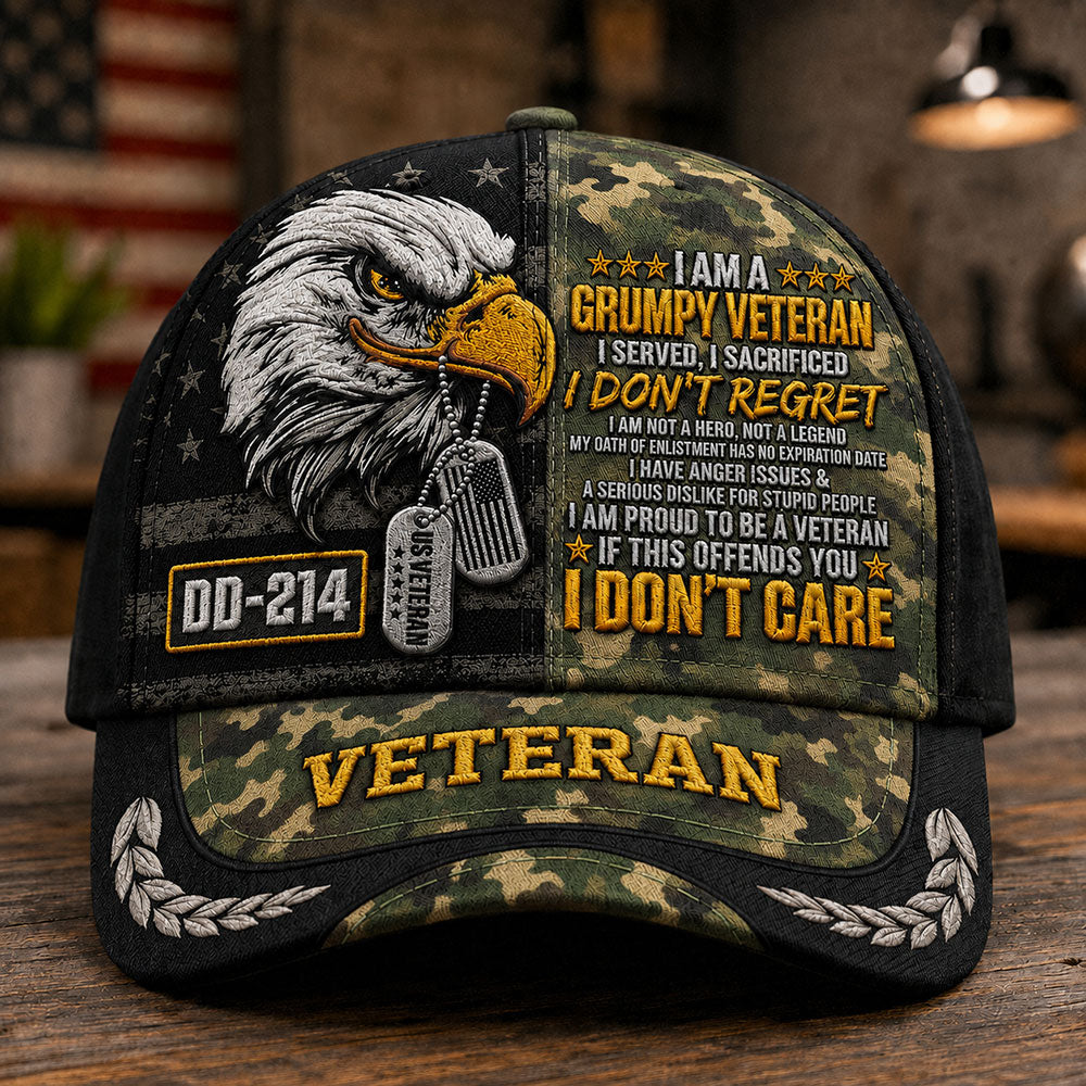 Personalized Grumpy U.S. Veteran DD-214 Cap – Patriotic Eagle Hat VTTHA00016