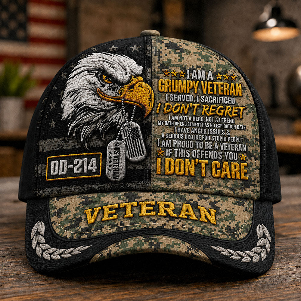 Personalized Grumpy U.S. Veteran DD-214 Cap – Patriotic Eagle Hat VTTHA00016