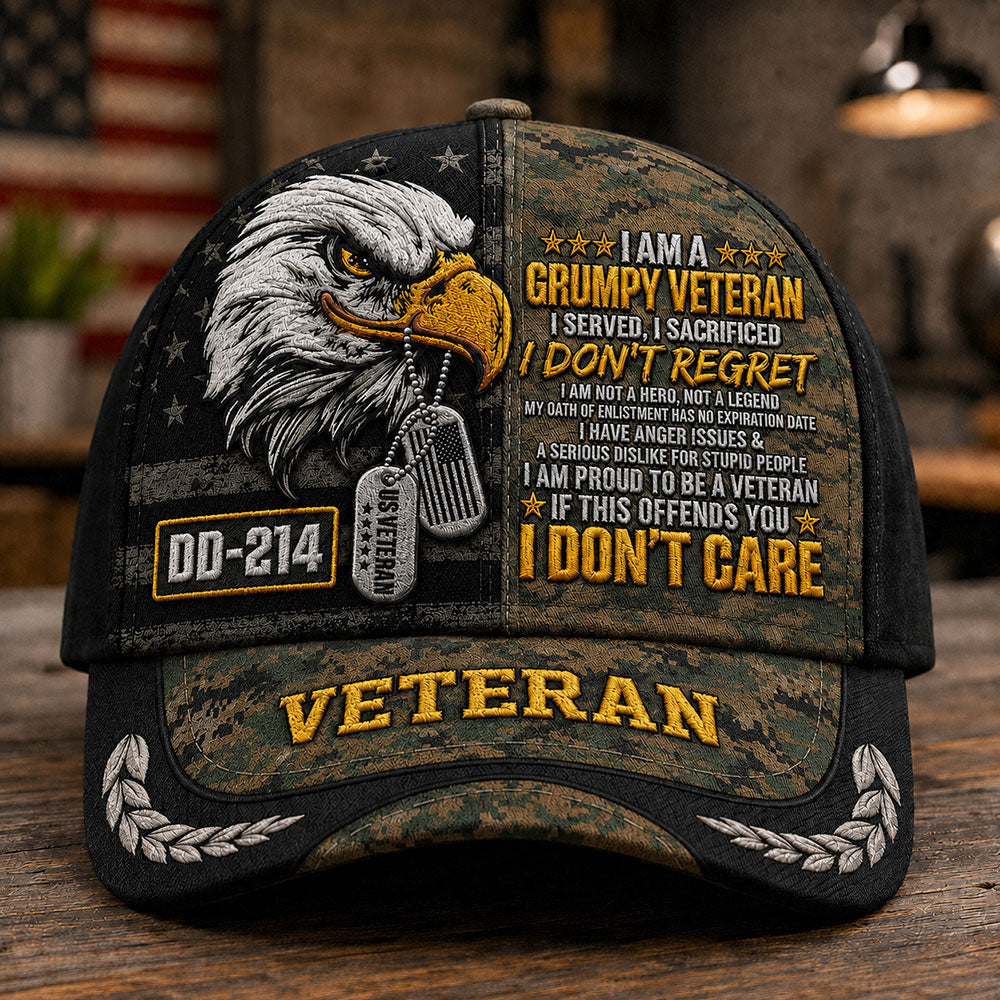 Personalized Grumpy U.S. Veteran DD-214 Cap – Patriotic Eagle Hat VTTHA00016