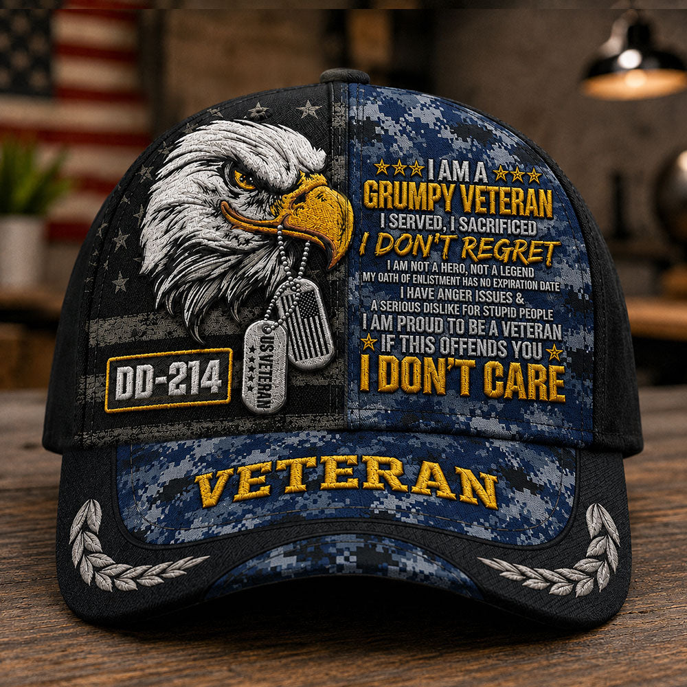 Personalized Grumpy U.S. Veteran DD-214 Cap – Patriotic Eagle Hat VTTHA00016