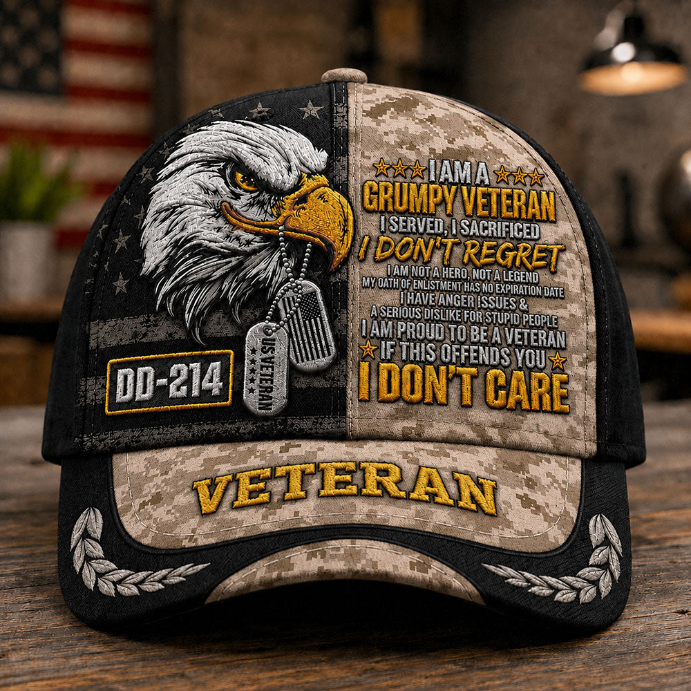 Personalized Grumpy U.S. Veteran DD-214 Cap – Patriotic Eagle Hat VTTHA00016