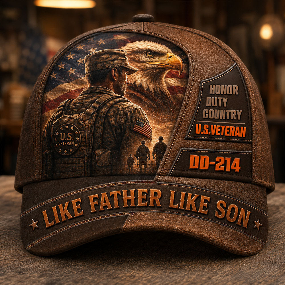 Personalized Like Father Like Son U.S. Veteran Cap – DD-214 Patriotic Hat VTTHA00017
