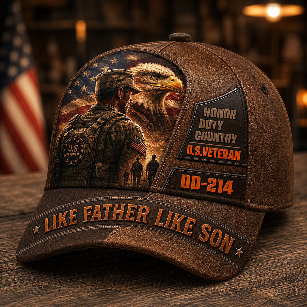 Personalized Like Father Like Son U.S. Veteran Cap – DD-214 Patriotic Hat VTTHA00017
