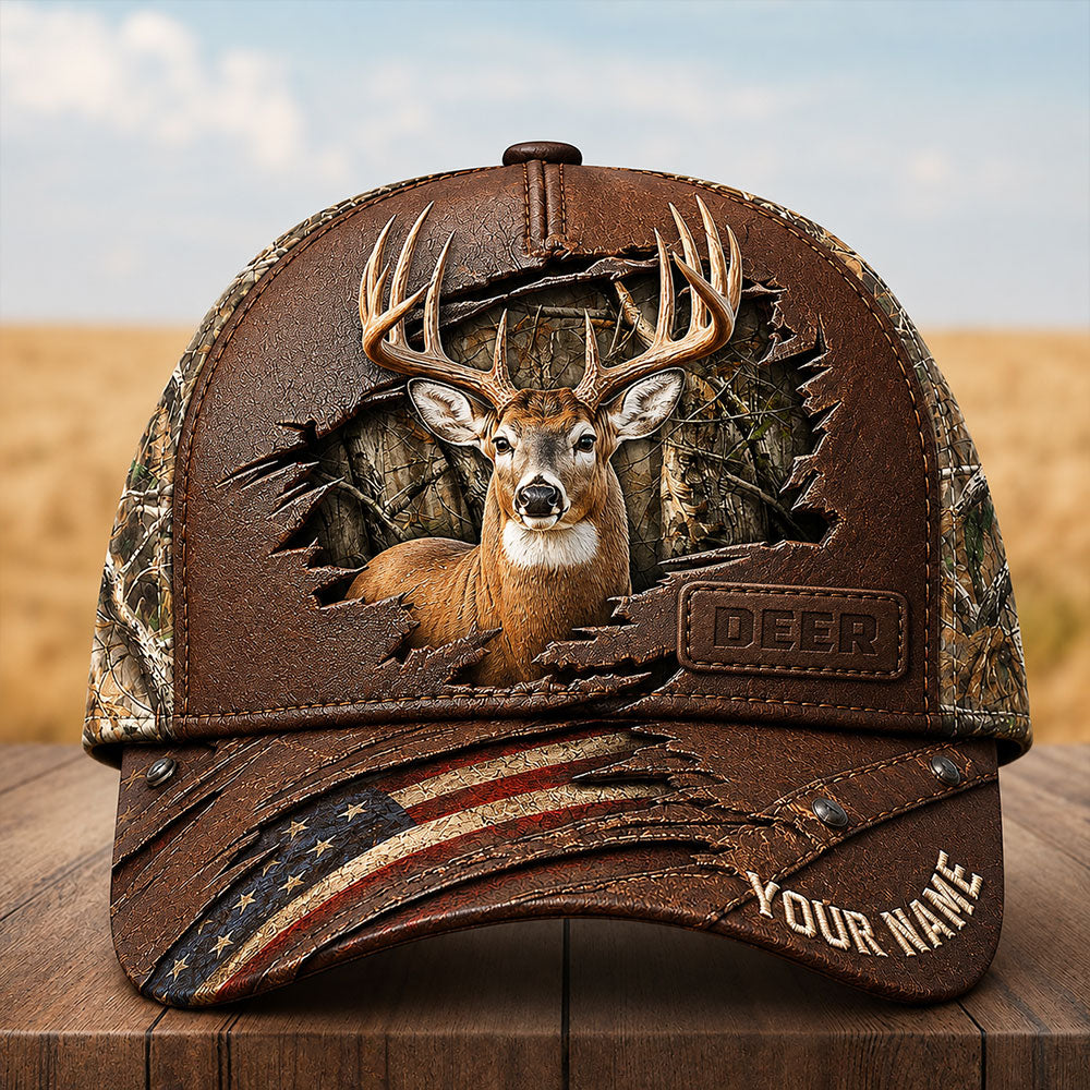 Personalized Whitetail Deer Hunting Cap – American Flag Camo Hat VTTHA00020