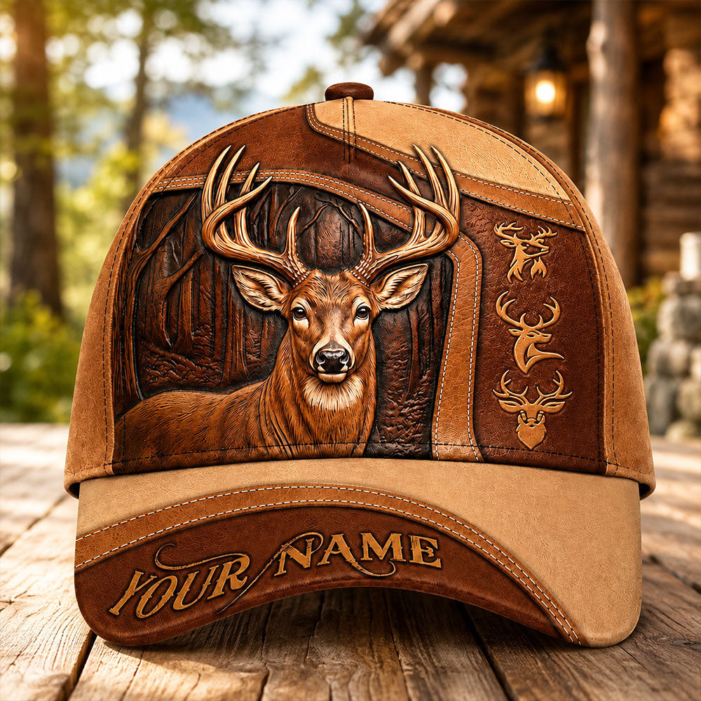 Deer Hunting Personalized Cap – Rustic Leather Look VTTHA00030