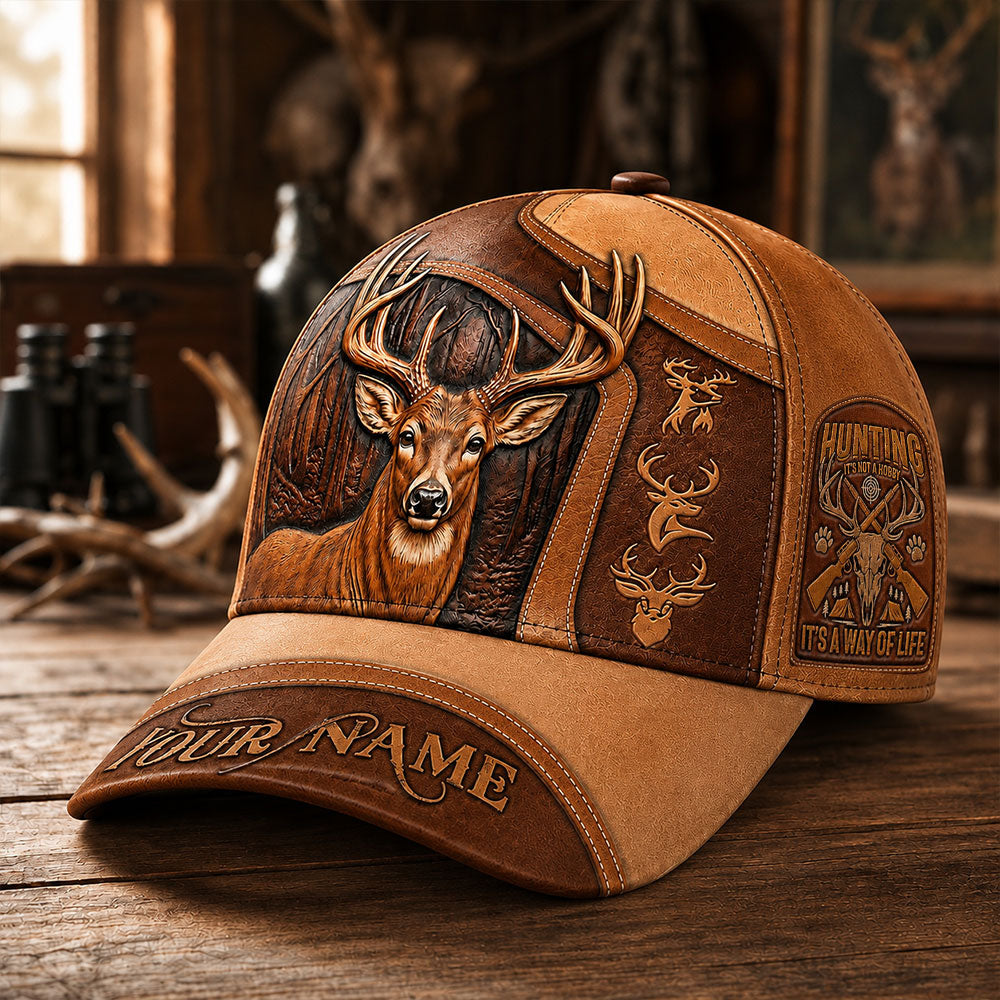 Deer Hunting Personalized Cap – Rustic Leather Look VTTHA00030