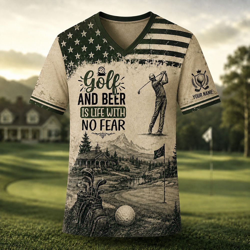 Golf & Beer Is Life With No Fear – Personalized Golfer T-Shirt VTTHB00021