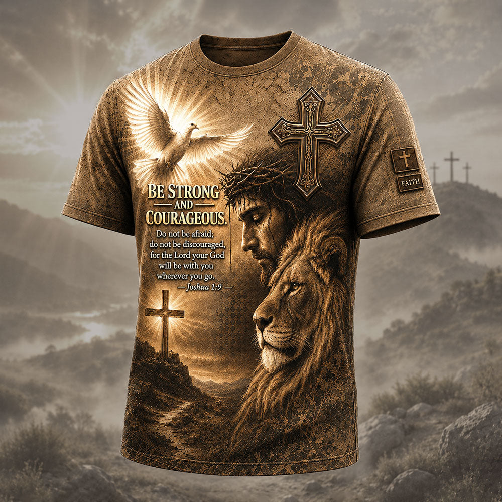 Be Strong and Courageous – Jesus & Lion Christian T-Shirt VTTHB00022