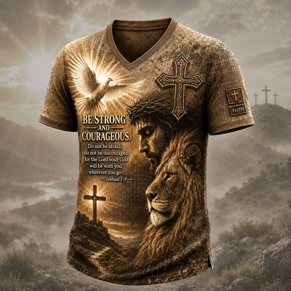 Be Strong and Courageous – Jesus & Lion Christian T-Shirt VTTHB00022